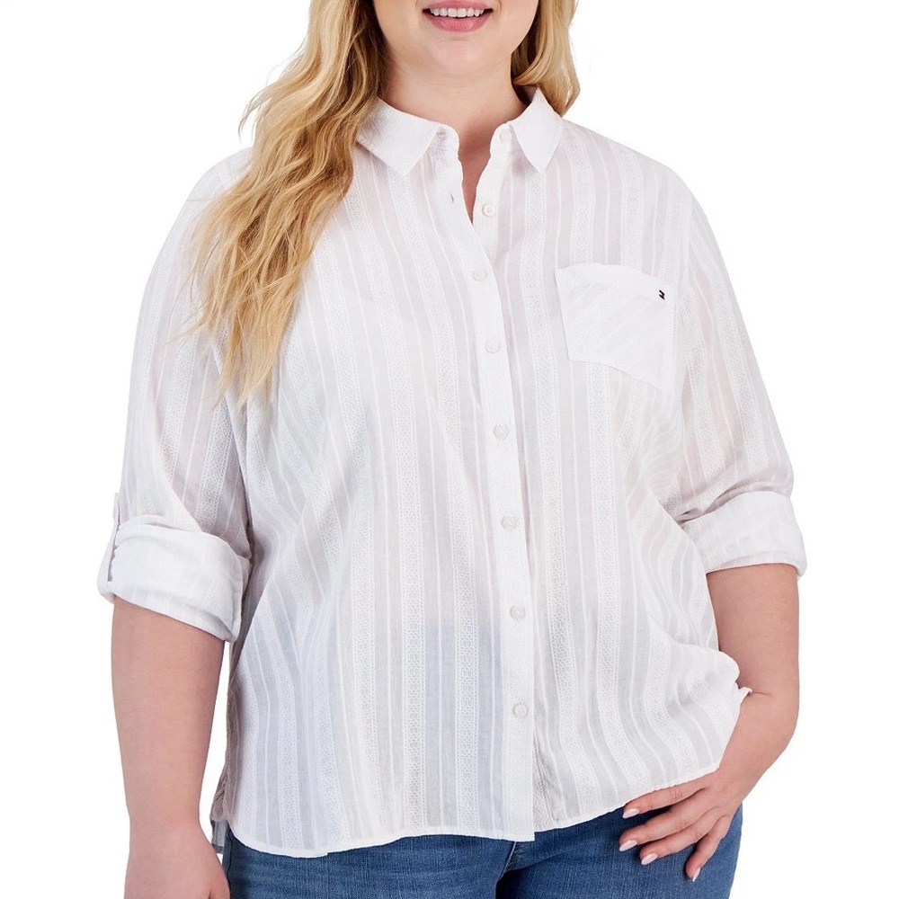 Tommy Hilfiger White Button Down Heritage Shirt Cuffed Sleeves and Dress Collar